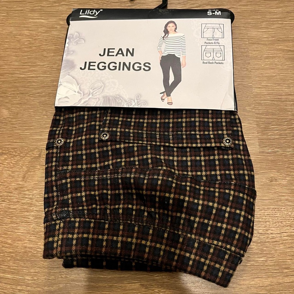 Lildy Plaid Jean Jeggings Navy/Brown (NWT, Size S-M)